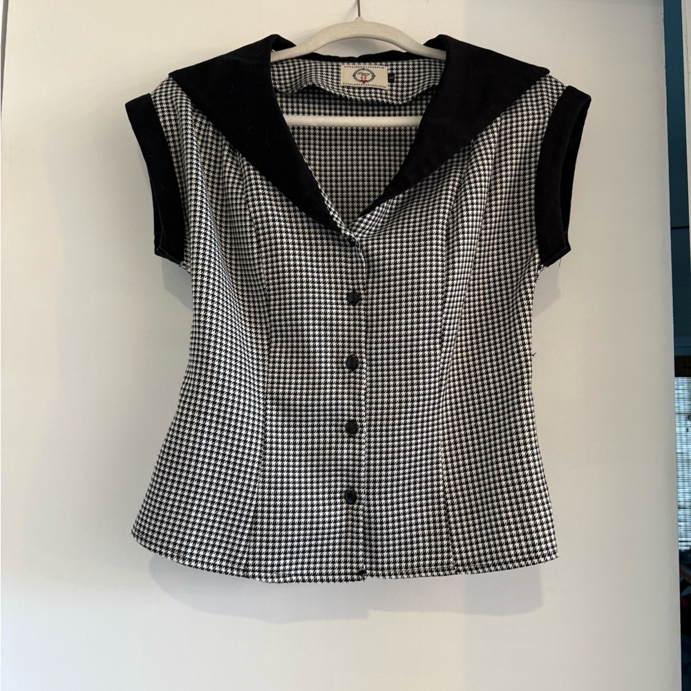 Banned Retro Apparel 1950s style button up Houndstooth Blouse Size Small